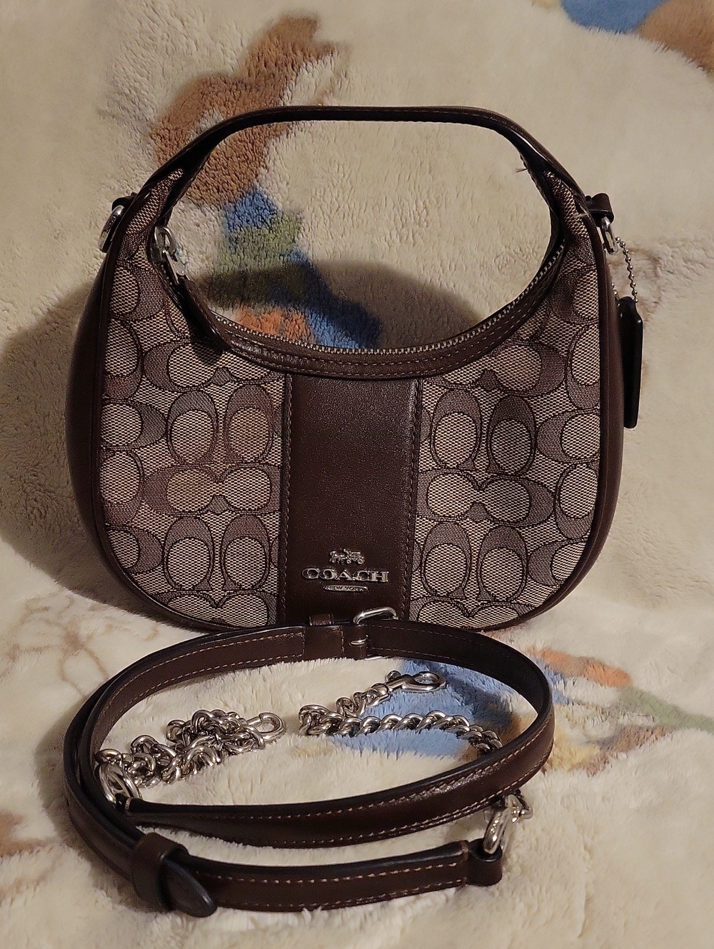 Coach Brown Signature Crescent Shoulder Bag with Silver Hardware
